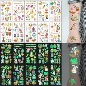 Easter Series Glow-In-The-Dark Tattoo Stickers, Fake Tattoos, Cute Cartoon Bunny Easter Egg Elements, Waterproof, Lasts 2-5 Days, Paper Material