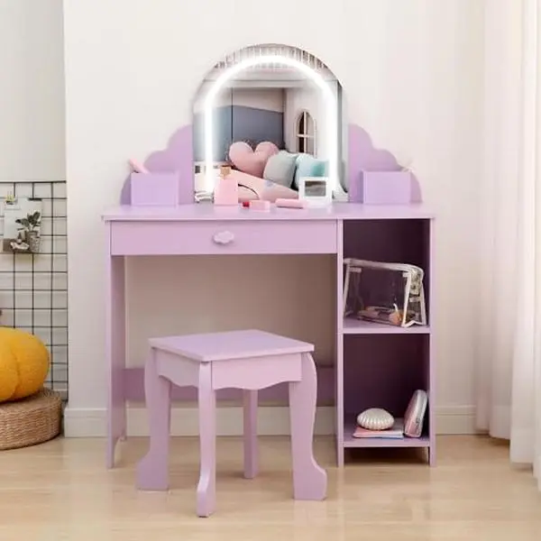 GARVEE Children's Lighted Dressing Table Set with LED Mirror,2 in 1 Little Girls Vanity Table & Stool,Makeup Desk with Drawers and Open Shelves,Kids Vanity and Study Desk for Bedroom Playroom,Purple