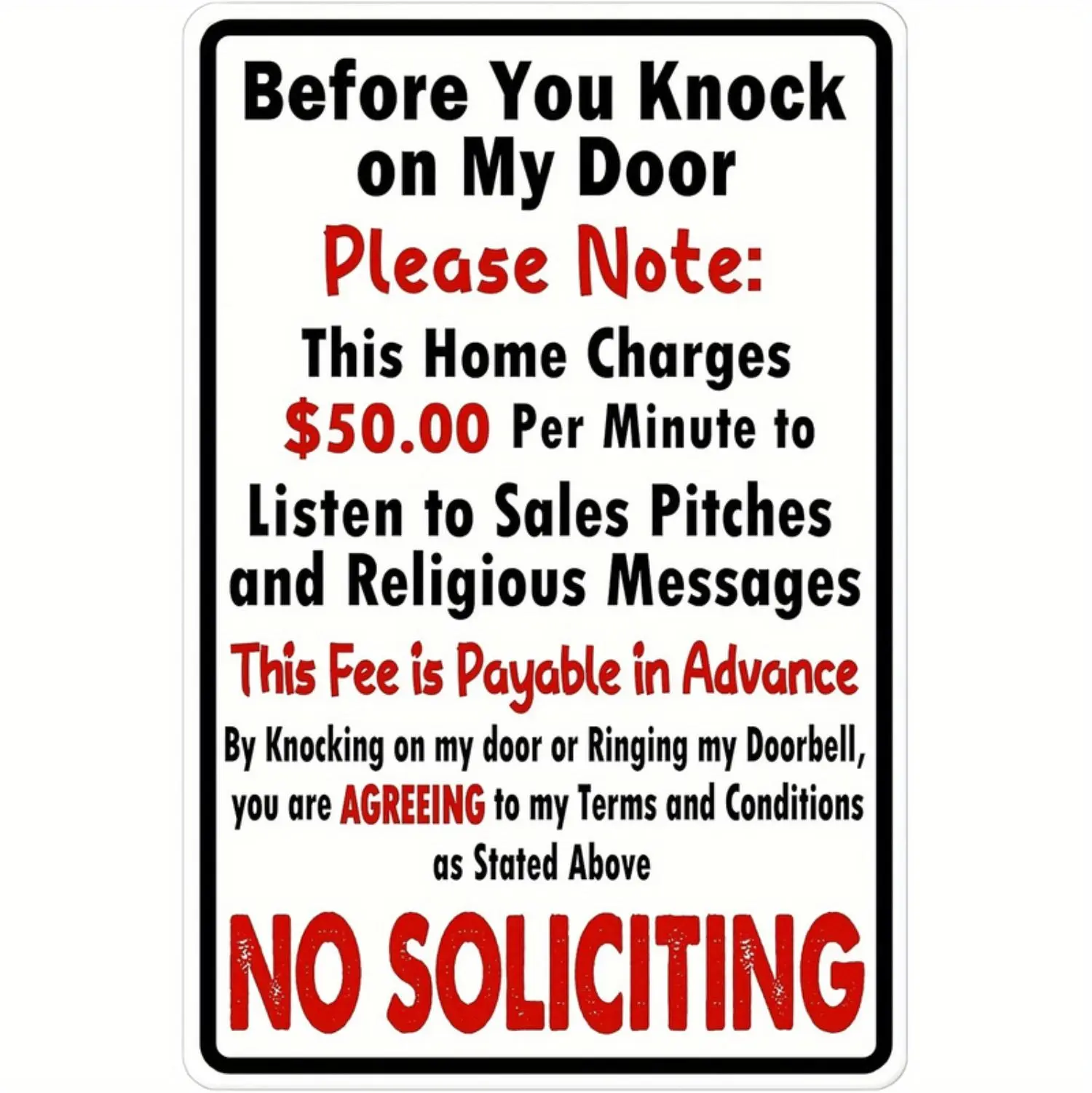 [Funny Metal Sign] Vintage Iron Metal Sign "No Soliciting" | Durable Build, Funny Wall Decor, 20x30cm, Humorous Home Charges Listening to Dealership Pitches and Religious Messages, Ideal for Cafe or Street Decoration, Metal Wall A