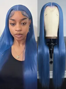 Blue Straight Synthetic Wig 13×4 Lace Part Natural Hairline Hear Resistant Lace Front Wigs for Men Women Wear Cosplay Party Use Blue Fiber Hair 26Inches Synthetic Hairpieces