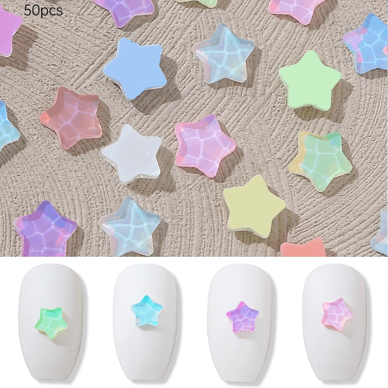 50pcs Star-Shaped Nail Gems, Mocha Mini Stars, Glass Material, Shiny Water Ripple, Mixed Colors, DIY Nail Art, Jewelry Making, Party Decor, Sparkling Rhinestones