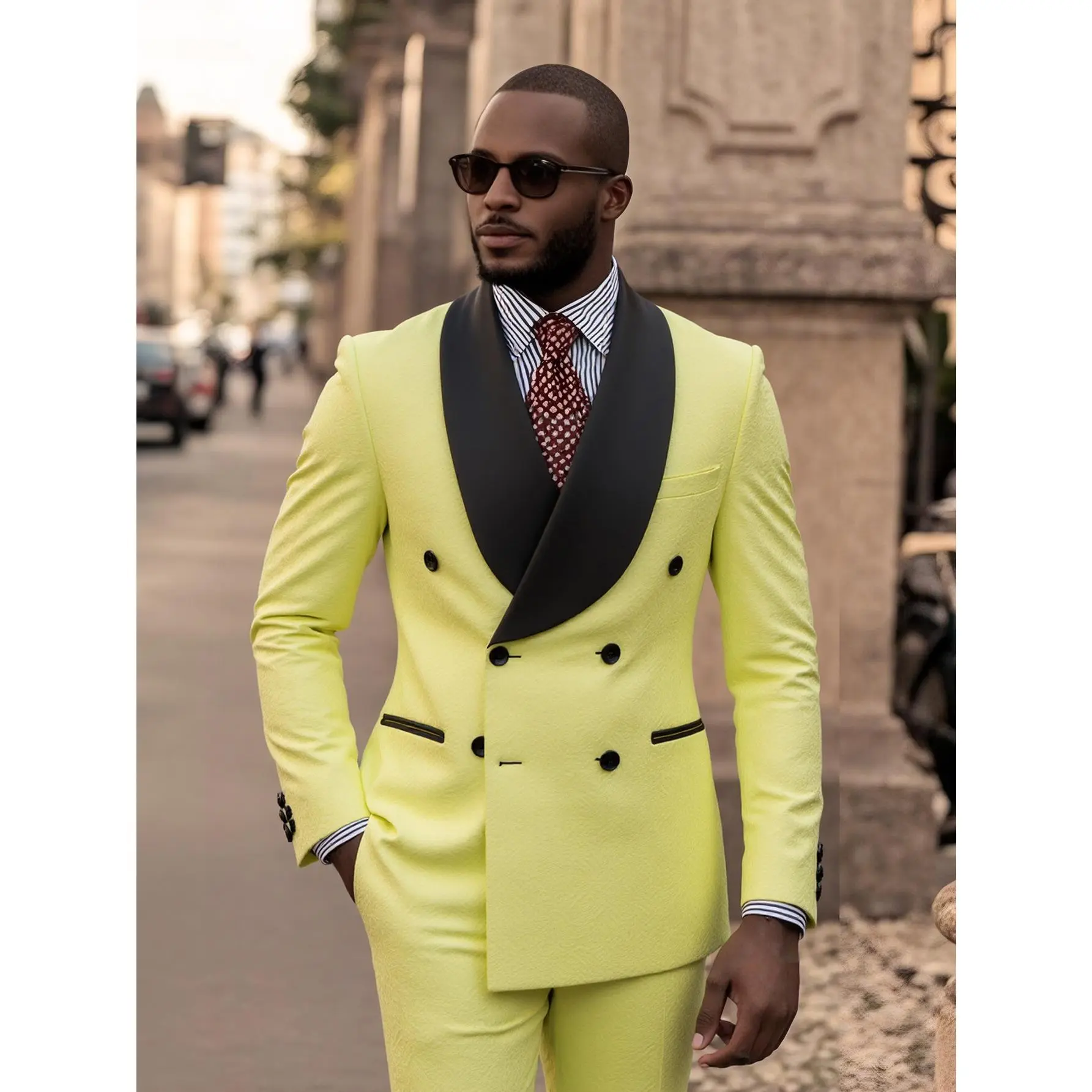 Men's 2-Piece Double Breasted Jacquard Tuxedo Set - Long Sleeve Shawl Lapel Polyester Blazer Jacket with Pocket & Pants for Wedding, Formal Wear, Prom Attire, Menswear, Matching, Rayon, Elegant