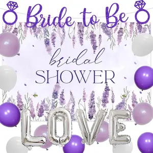 1Set Lavender Bridal Shower Decorations Purple Floral Bride to Be Decor Lavender Backdrop Glitter Bride to Be Banner Latex Balloon for Lavender Purple Bridal Shower Bachorlette Party Wedding Decor Supplies