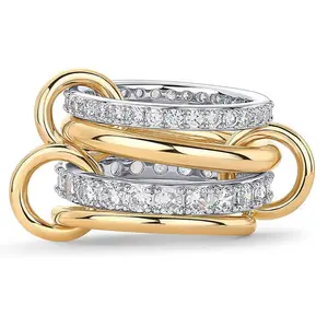 Two-Tone Interlocking Ring for Women,Gold Plated Stackable Band with Sparkling Simulated Diamonds, Multi-Band Crystal Statement Jewelry for Wedding, Party and Daily Wear