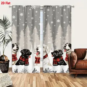 2D Flat 2-Pack Winter Snowy Forest Dog Plaid Scarf Curtains, Stylized Evergreen Trees & Falling Snowflakes Pattern, Blackout Thermal Fleece Curtains for Living Room Bedroom, Festive Cozy Holiday Atmosphere Window Drapes, Perfect for Winter Decorati