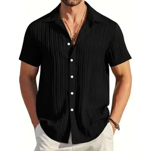 Men's Solid Textured Short Sleeve Shirt, Loose Casual Comfy Top for Summer, Men's Clothes for Daily Wear, Clothing, Fathersdaygift, Shortsleeve, Menswear