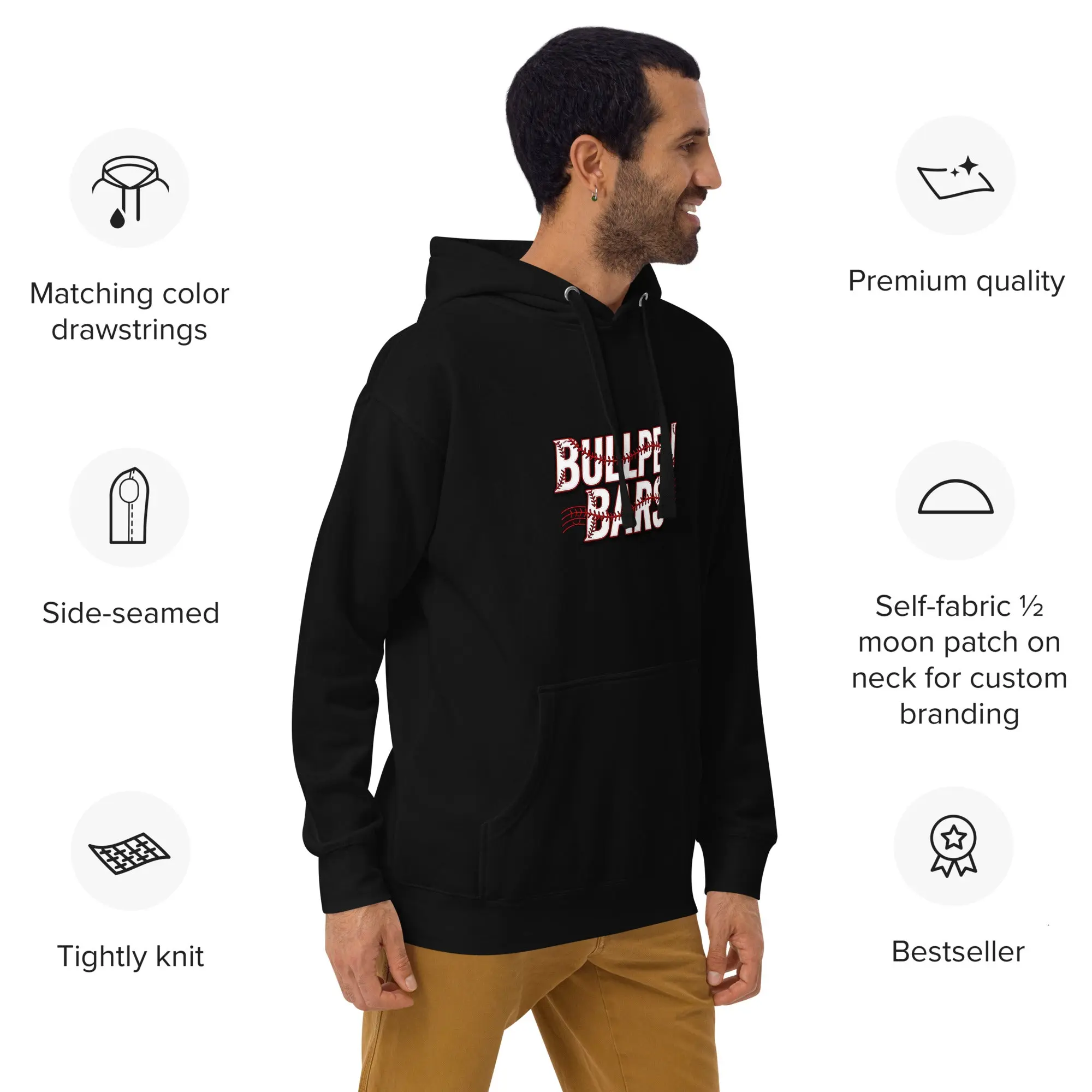 Bullpen Bars Graphic Hoodie - Unisex Menswear Long Sleeve Pullover, Soft Ring-Spun Cotton-Polyester Blend, Pouch Pocket, Warm Hood, Casual Evening Streetwear Tops (Runs Small)