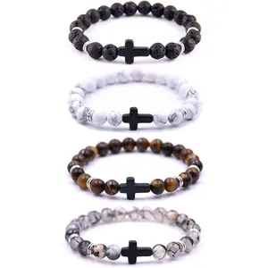 4pcs Cross Beads Bracelet for Men Women adjustable Beaded Cuff Charm Bracelets 8mm Bead Stretch Bracelets Cross Bracelets Unisex Beauty & Personal Care