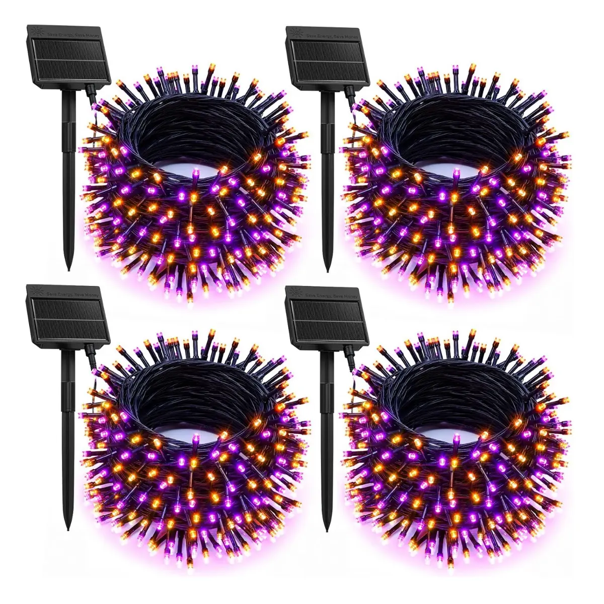Brightown 4 Pack Solar Halloween Lights, 184FT 480 LED, Orange and Purple | Solar String Lights Outdoor Waterproof Black Wire with 8 Modes, Solar Fairy Light for Garden Yard Patio Party Decors