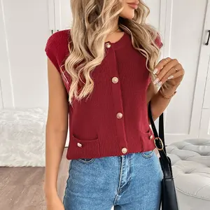 Women Vests Elegant Knit Sleeveless Cardigan Metal Button Solid Color Sweater Waistcoat