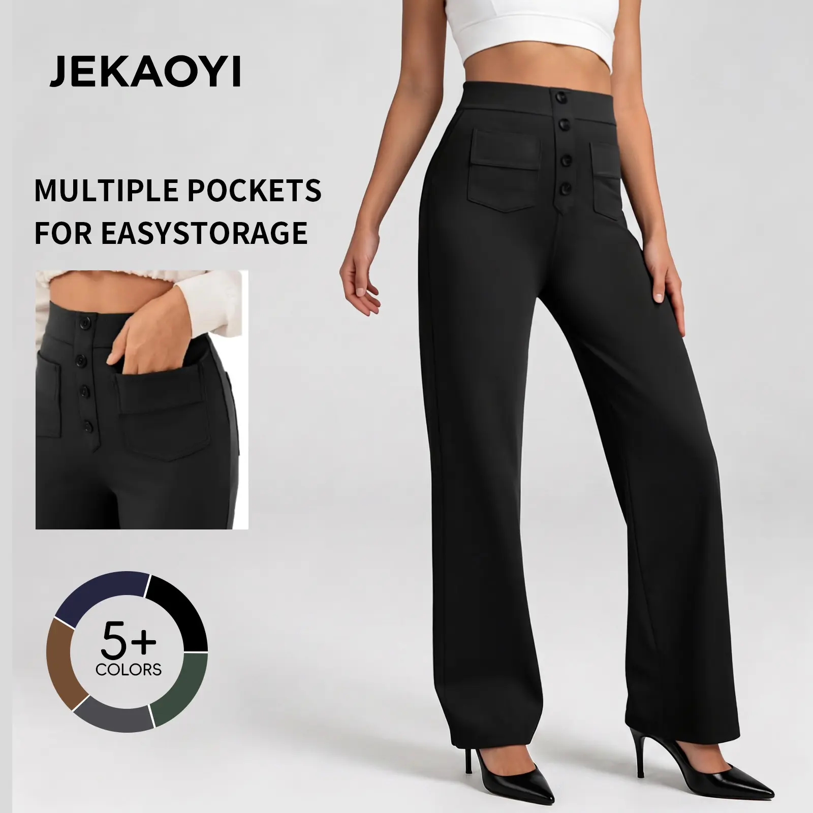 JEKAOYI Women’s Work  High Waisted Tummy Control Office Dress Pants  with Pockets and Decorative Buttons, Business  Slim Fit Stretch Comfort casual
