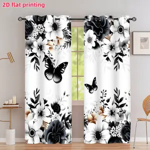 2D Flat 2Pcs Floral Butterfly Print Curtain Panels, Black and White Flower Pattern, Grommet Top Semi Sunshade Drapes, for Home Living Room Bedroom Balcony Kitchen Study Shower Decoration, Window Accessory, Anti Privacy.