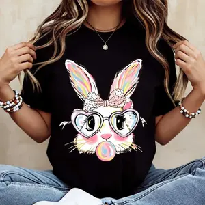 Colorful Bunny Rabbit T-Shirt with Heart Glasses and Bubblegum Print for Spring and Holiday Celebrations
