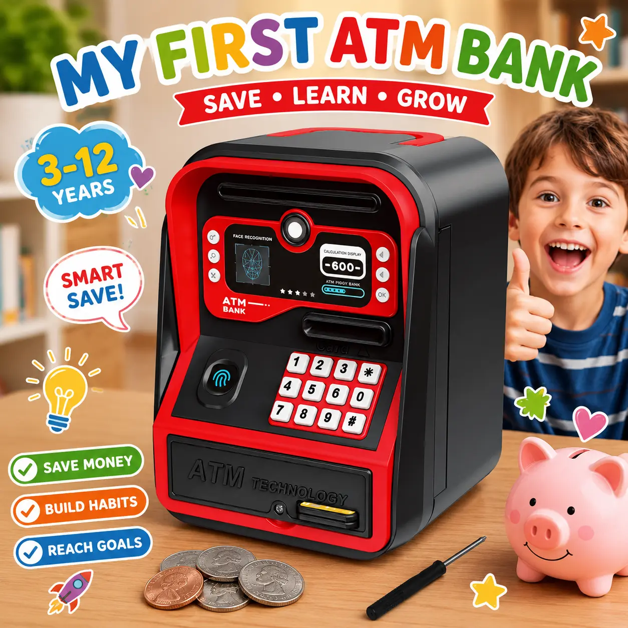 Electronic ATM Piggy Bank for Kids with Password Fingerprint Unlock, Automatic Money Saving Cash Coin Bank for Real Money, Upgraded ATM Deposit Machine Designed for All US Coins, Birthday Christmas Gifts for 3-12 Year Old Boys Girls