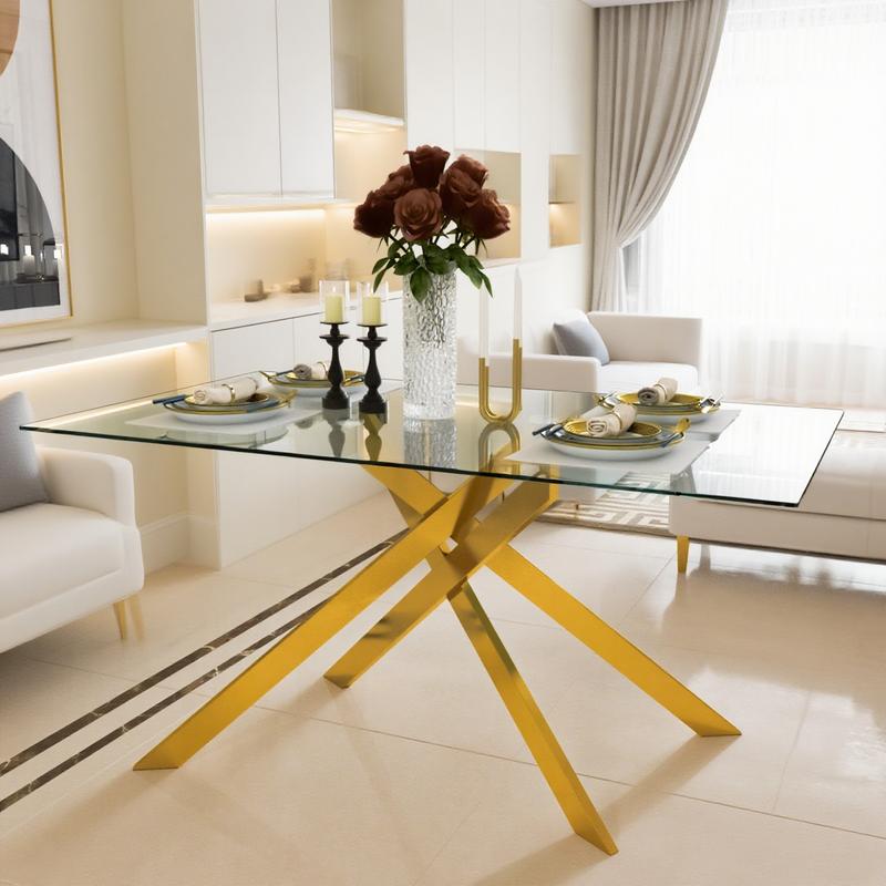 51.18" Rectangular Tempered Glass Dining Table with Gold Metal Legs Modern Kitchen Table for Dining Room Easy Assembly 8mm Thick Glass 250lbs Capacity