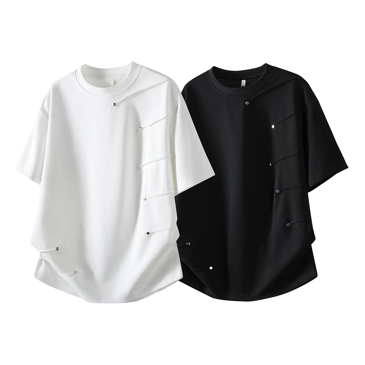 Men's Asymmetric Rivet Pleated Oversized T-Shirt Solid Color Deconstructed Short Sleeve Tee Minimal Streetwear Casual Top