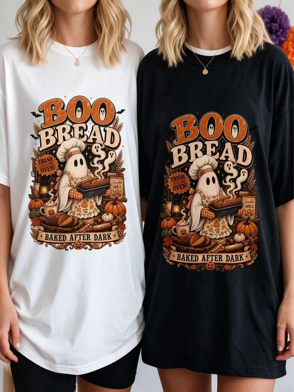 Women's Plus Size Oversized Ghost Baker Halloween Graphic Tee - Crewneck, Short Sleeve, Casual, Comfortable Fit, Beach-Ready, Boo Bread Baking, Fall Pumpkin Spice Print T-Shirt