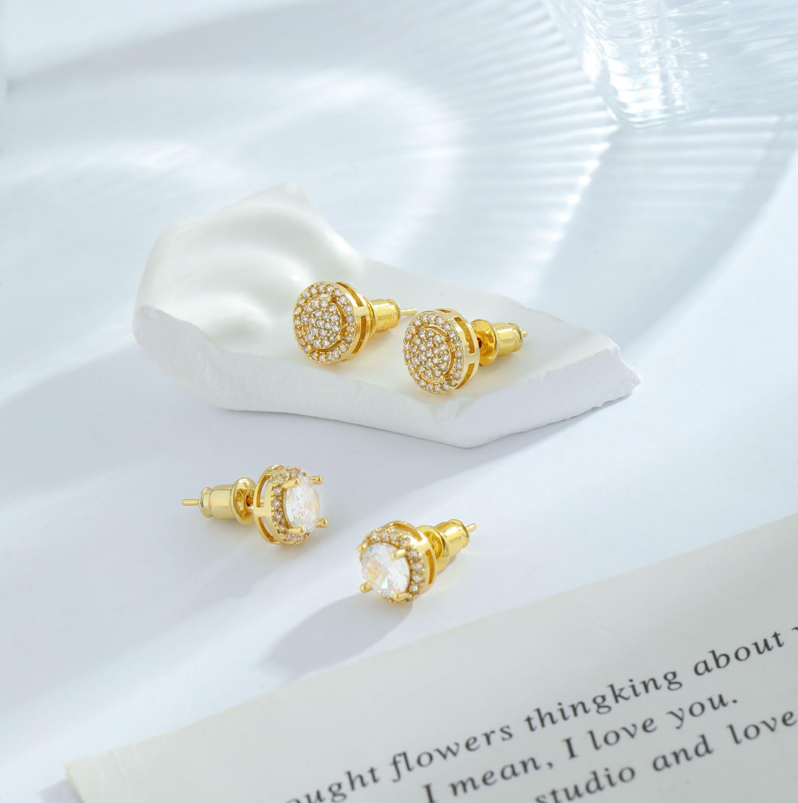 TASISO Sparkling 14K Gold Plated Cubic Zirconia Hoop & Stud Earrings Set for Women Multi-Size Daily Wear & Gift Eco-Friendly Zircon Stones Gift