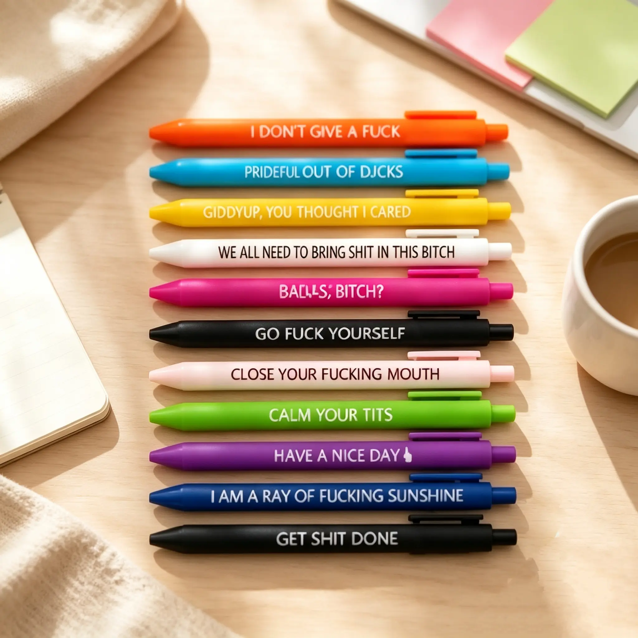 11PCS Funny Ballpoint Pen Set Pack - Novelty Black Ink Writing Pens with Funny Quotes, Coworker Gift Ideas for Office Desk Use, School Gifts
