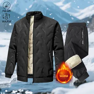 Men’s two-piece winter set, thickened and fleece-lined for warmth: stand-collar zip jacket with stitched padding + jogger sweatpants. Windproof, warm athletic set suitable for skiing outdoors, daily commuting, and wearing in cold weather.