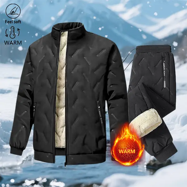 Men’s two-piece winter set, thickened and fleece-lined for warmth: stand-collar zip jacket with stitched padding + jogger sweatpants. Windproof, warm athletic set suitable for skiing outdoors, daily commuting, and wearing in cold weather.