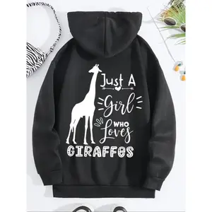 Women's Giraffe & Letter Print Drawstring Pocket Hoodie, 1 Count Casual Long Sleeve Hooded for Daily Holiday Outdoor Wear, Ladies Clothes