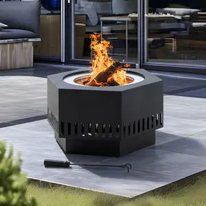 SUNJOY 28 Inch Hexagon Stainless Steel Smokeless Fire Pit with PVC Cover and Poker - Rectangular Pattern