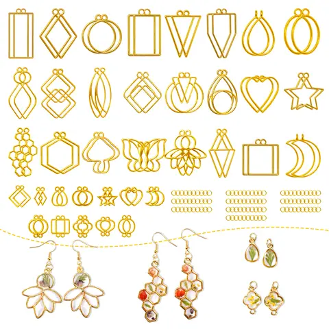 LET'S RESIN 172-Piece Zinc Alloy Open Bezels for Epoxy/UV Resin Crafts, 2 Sizes, 36 Geometric Mix Shapes, Gold Hollow Frame Pendants, 100 Pcs Jump Rings for DIY Jewelry Makers (Necklaces, Earrings, Keychains)