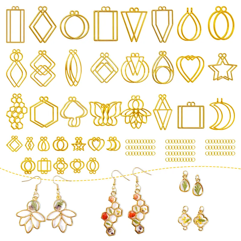 LET'S RESIN 172-Piece Zinc Alloy Open Bezels for Epoxy/UV Resin Crafts, 2 Sizes, 36 Geometric Mix Shapes, Gold Hollow Frame Pendants, 100 Pcs Jump Rings for DIY Jewelry Makers (Necklaces, Earrings, Keychains)