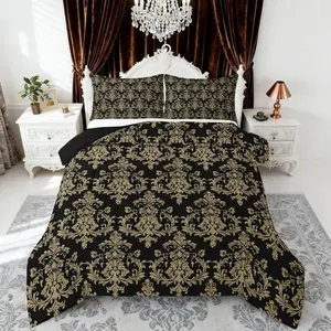 Black Brown Damask Kids Comforter Set,Vintage Gothic Lace Floral Print Reversible Bedding Set,for Teens Bedroom Decor,Antique Victorian Baroque Boho Quilted Duvet