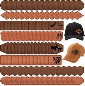 120 Pieces Rustic Leatherette Hat Patches 8 Shapes Laser Engraving Blanks Adhesive Patches for Fabric Faux Leather Sewing Repair Khaki Archaize Color