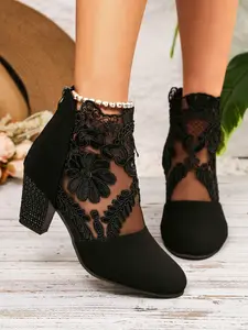 Elegant Lace Square Toe Short Boots, Floral Embroidery Evening Shoes, Chic Pointed High Heels for Women, Summer Cool Boots, Formal Boots, Footwear