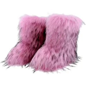 Women Faux Fur Boot Furry Fluffy Round Toe Suede Snow Winter Women Boots Comfy Plush Warm Short Outdoor Indoor Flat Shoes Mid-Calf Boots