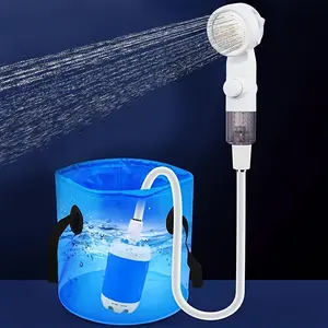 Portable Outdoor Shower, Battery Powered - Compact Handheld Rechargeable Camping Showerhead - Pumps Water from Bucket Into Steady, Gentle Shower Stream Travel Accessories