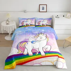 Unicorn Bedding Bed Set,Cute Rainbow Unicorn Designer Comforter Set,Galaxy Constellation Comforter,Cartoon Reversible Stars Quilt Set