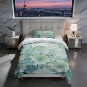 2/3 Piece Watercolor Lotus Leaf Duvet Cover Set, Green Lotus HD Digital Print Bedding Set, Soft Breathable Comforter Cover with Zipper & Corner Ties for Bedroom & Dorm (Comforter Not Included)
