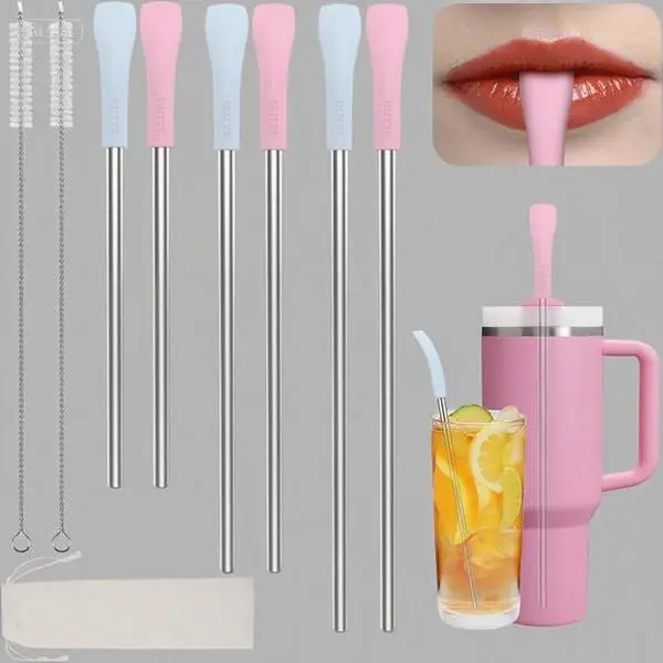 Stainless Steel Drinking Straws 6-Pack, Reusable Wrinkle-Free Metal Straws with Cleaning Brush and Pouch, Flat Wide Lip-Friendly Straws for Tumblers, Dishwasher Safe Long-Lasting Straw Set