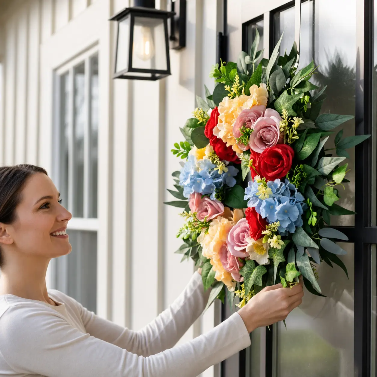 24in Blue Red Pink Rose Hydrangea Wreath, 1 Pack. Round Rustic Farmhouse style. Lightweight fade-resistant artificial decor ensures lasting vibrancy. Versatile for front door, porch, entryway, window, wall, festive occasions, and housewarming gifts.