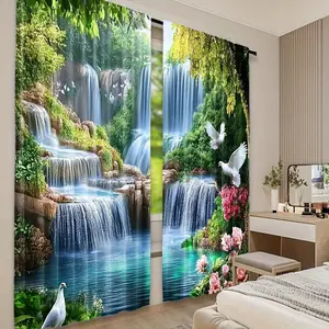 2D Flat, 2pcs Large Window Curtains - Tropical Waterfall Landscape with Waterfalls, Greenery & Doves - Semi-Sheer Privacy Window Drapes for Living Room, Bedroom, Office - Easy Hang Pole Pocket Design - Modern Home Decor Window Treatments