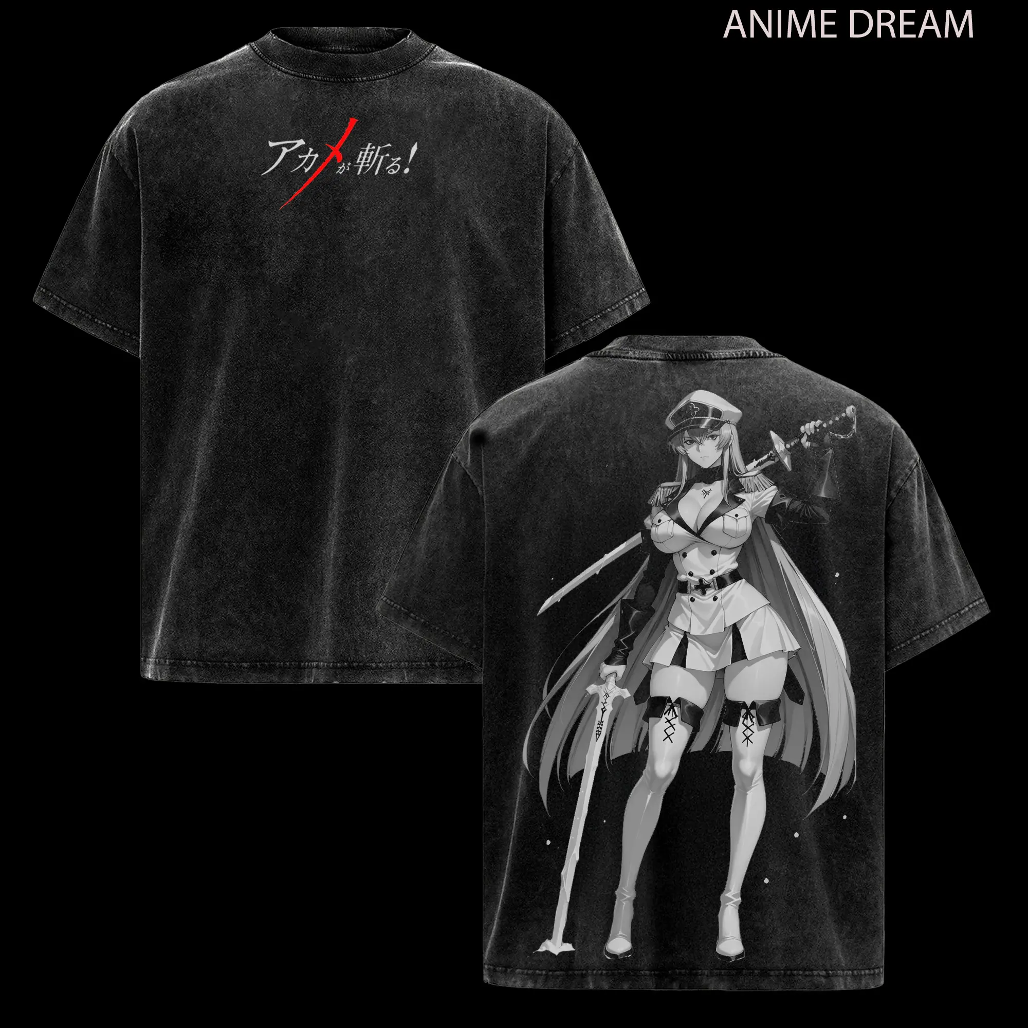 Esdeath Akame ga Kill! Anime Double Printed Vintage Washed Tee Unisex Oversize Anime Manga Washed Heavyweight Cotton T-shirt