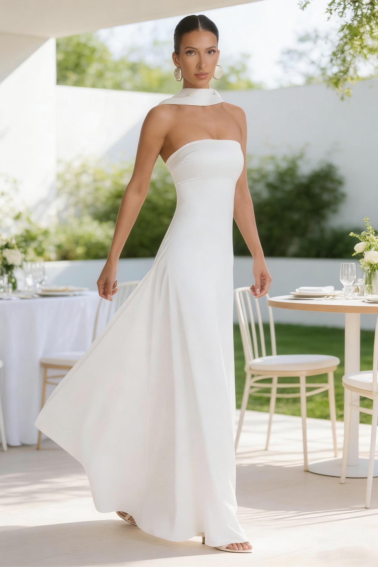 Womens Backless Tube-Top Waist-Cinching Evening Gown Long Dress