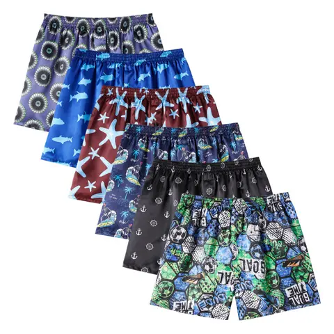 JupiterSecret 6-Pack Men's Printed Satin Boxer Shorts Underwear, Soft Smooth Glossy Fabric, Lightweight Loose Fit, Button Fly and Elastic Waist
