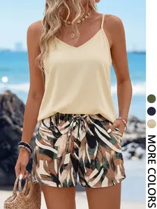 2 Piece Women's Summer Boho Cami Shorts Set, Apricot Top & Abstract Print Vacation Outfit