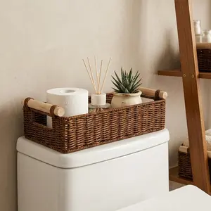 BROWNLILY Rattan toilet tank basket with wooden handles, rectangular wicker bathroom organizer tray for toilet paper, tissues, wipes and essentials, farmhouse toilet tank top storage caddy for small bathroom decor
