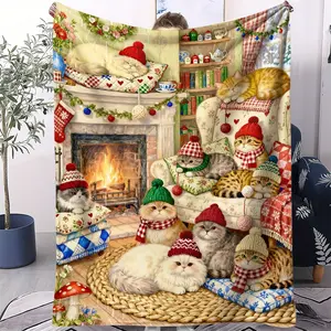 Cute Printed Facecloth Blanket, Christmas Cat Theme Facecloth Blanket Is Soft and Cozy, Suitable For All Seasons