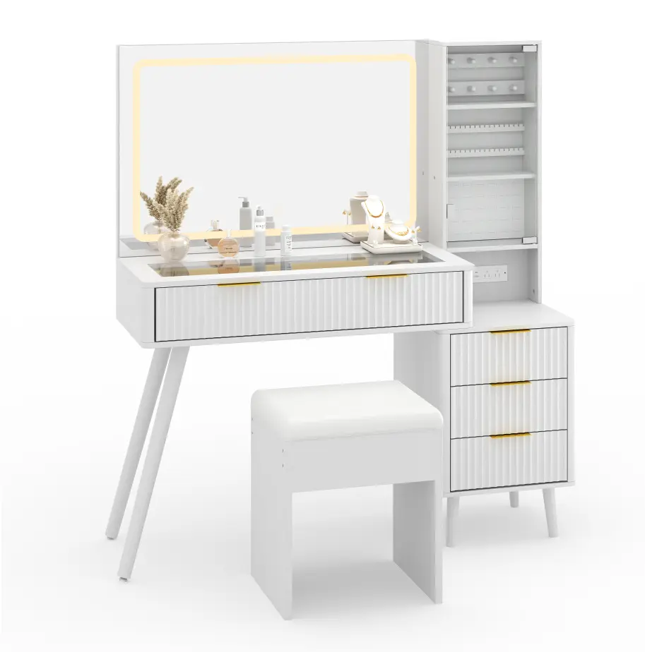 Wood Grain Modern Fluted Vanity Desk with Mirror, Glass Top Makeup Dressing Table with Built-In Charging Station & Storage Drawers for Bedroom