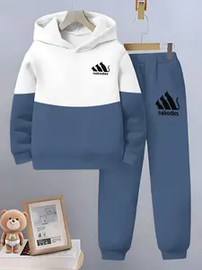 Boys Colorblock Hoodie Set Cartoon Cat 3D Print Two-Piece, Casual Sportswear for Kids Ages 5-14, Fall & Winter Long Sweatpants, Sweatshirts