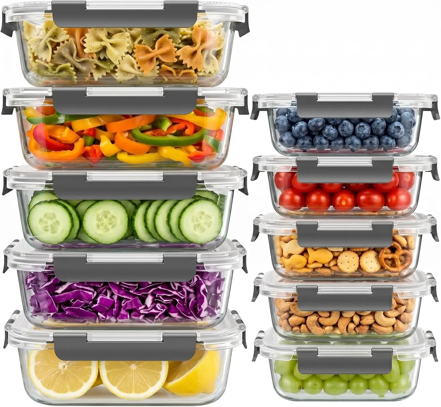 20-Piece Leak-Proof Glass Food Storage Containers Set with Gray Lids - 10x36oz & 10x12oz, Microwave/Freezer/Dishwasher Safe Kitchen Utensils