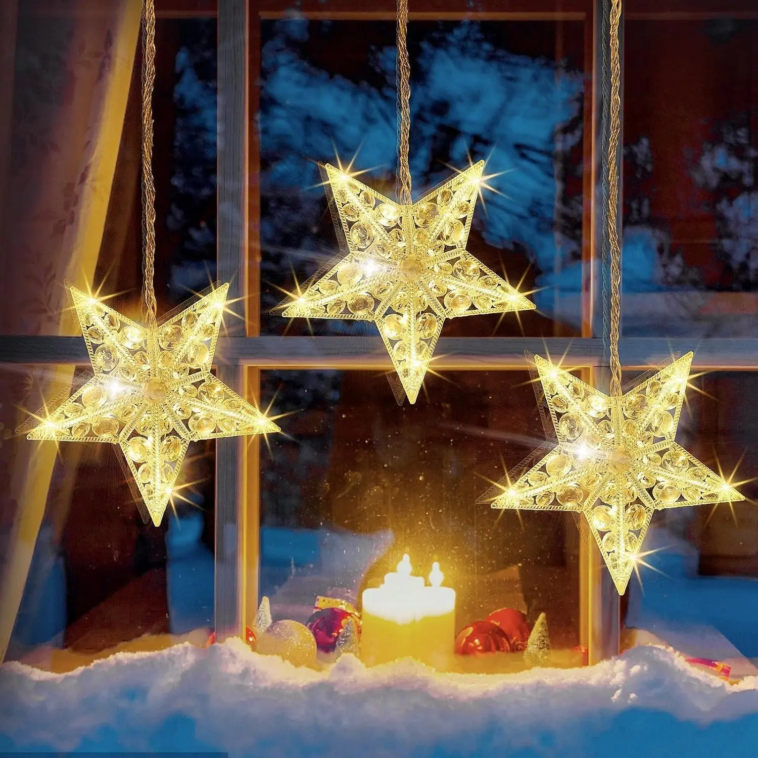 Christmas Window Lights, 3 Stars 30LED Waterproof Star String Lights 8 Modes with Timer Memory, Xmas Window Lights Indoor Decoration Ornaments