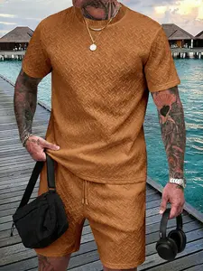 Men's Textured Short Sleeve Round Neck Plain T-Shirt + Drawstring Shorts 2-Piece Outfit Set, Casual Summer Tropical, Home & Travel Style, Streetwear Sports Set